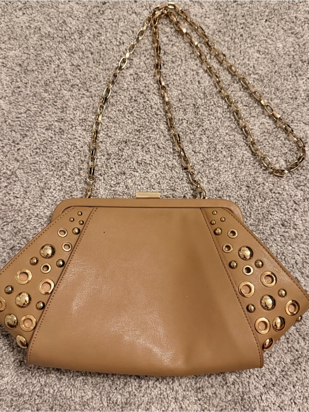 White House Black Market Tan Leather Clutch with Gold Stud Details